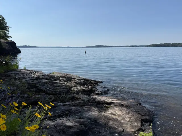 Granite shoreline at Sterling Point running south down into Lake Joseph